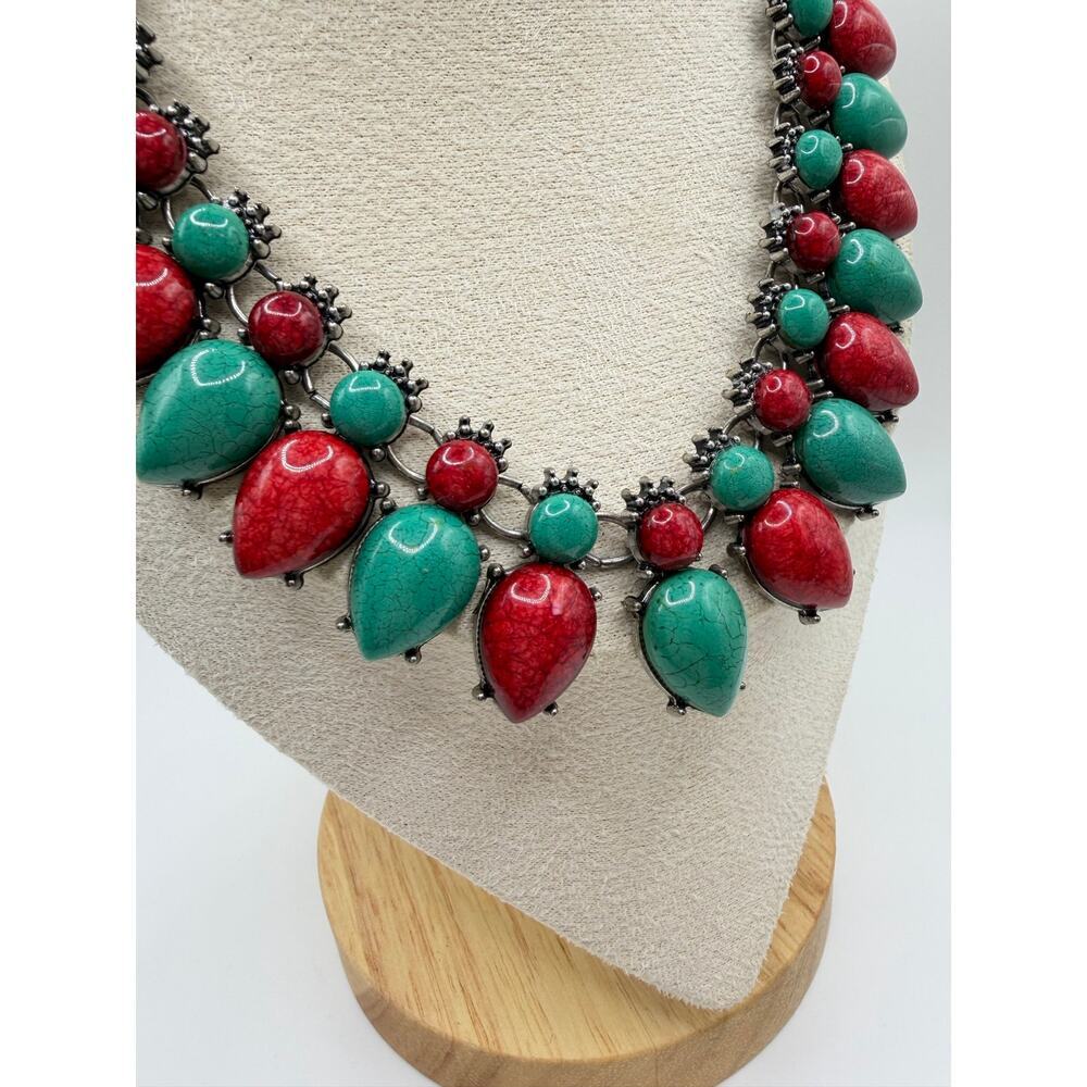 Southwest Statement Necklace Set | Turquoise Coral Style Bib Necklace + Bracelet - Picture 4 of 7